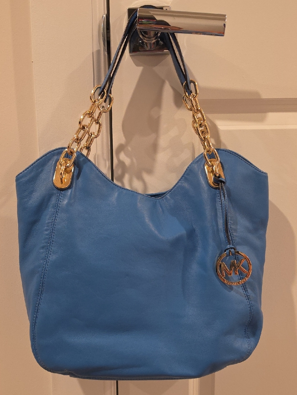 Michael Kors Blue Leather Shoulder Bag with Gold Chain Handles